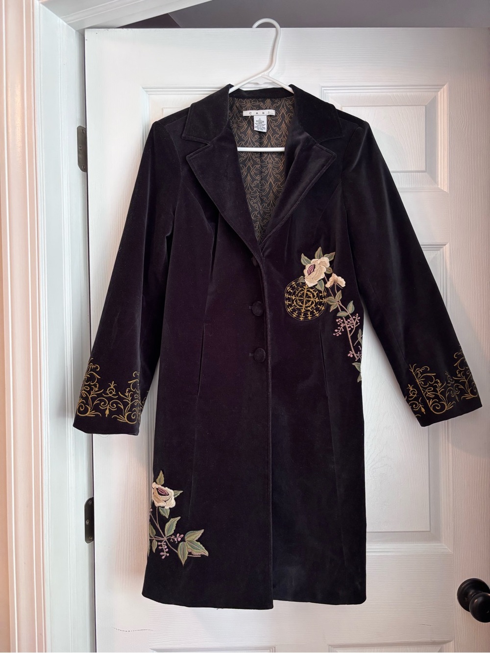 CAbi Black Velvet Trench Coat with Floral Embroidery - women’s size 6